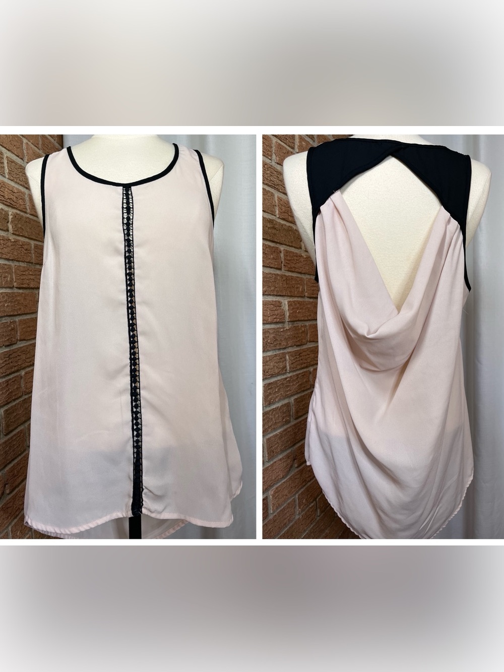 Charlotte Russe Blush & Black Crochet Detail Open Draped Back Tank Top Large